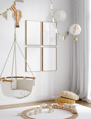 Mock up frame in children room, Scandinavian style interior background, 3D render