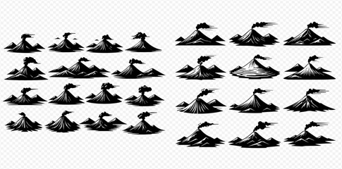 Naklejka premium Collection of pixel art style volcano illustrations showing different eruption stages and volcanic activity.