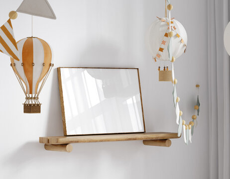 Mock up frame in children room, Scandinavian style interior background, 3D render