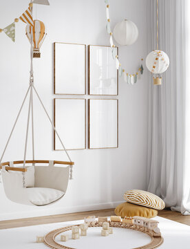 Mock up frame in children room, Scandinavian style interior background, 3D render