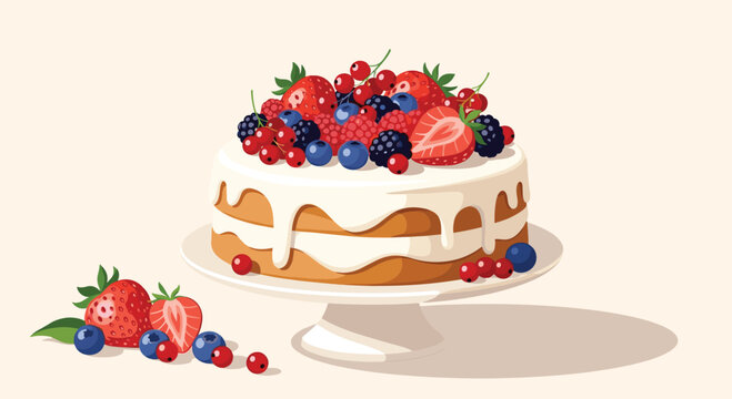 Delicious berry cake on a white cake stand with dripping white frosting and scattered fresh berries on a light peach background, a sweet dessert treat.