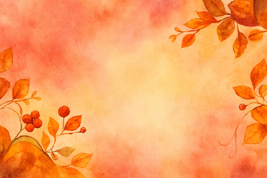 Autumn watercolor pink background with berries and foliage - Powered by Adobe
