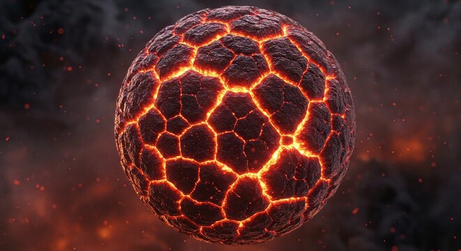 Fiery planet with cracked surface, glowing orange and red. Surrounded by smoke and fire particles. Abstract celestial body in a dark space. - Powered by Adobe