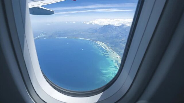 An breathtaking aerial view from an aircraft window captures a serene coastal landscape during a clear day. The expansive blue sky with soft white clouds stretches above a majestic mountain range, lea