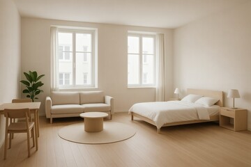 Fototapeta premium Minimalist Open-Plan Studio – Bright Modern Interior Inspiration for Stylish and Functional Living Spaces