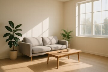 Fototapeta premium Minimalist Sunlit Living Room – Bright Modern Interior Design Inspiration for Calm and Stylish Home Spaces