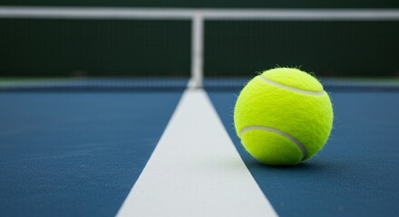 A luminous tennis ball rests perfectly poised on the court's pristine white line, under the distant tennis net.