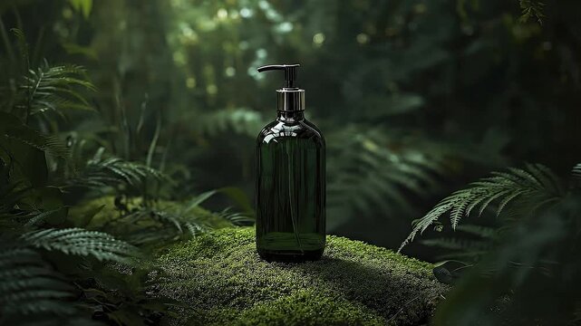 An elegant, dark green pump dispenser bottle stands prominently on a lush bed of vibrant green moss, nestled within a serene, verdant forest environment. Soft, dappled light illuminates the scene, hig