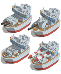 A set of warships. Isometric. Isolated on white background. Vector illustration.