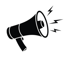 Black silhouette of a megaphone with sound waves and lightning bolts symbolizing announcement and energy