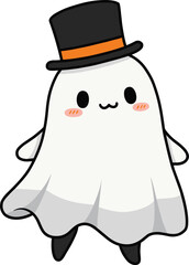 Cute cartoon ghost with top hat and blush cheeks, friendly Halloween character illustration, festive spooky decoration, cad drawing flat vector illustration