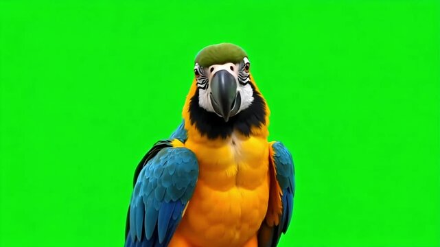 Vibrant macaw parrot with striking blue and yellow plumage on a green screen background