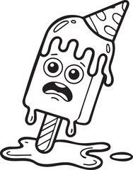 A sad melting popsicle ice cream wearing a party hat and expressing distress, coloring book page lineart illustration.