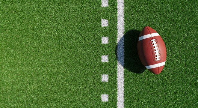 American football rests on the green turf near a white yard line, ready for play. The vibrant green contrasts with the brown ball. - Powered by Adobe