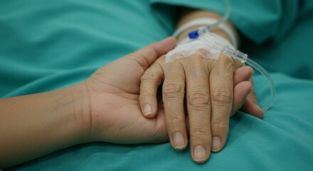 A supportive hand clasps the hand of a patient receiving intravenous fluids, conveying care, empathy, and a connection in a medical setting.
