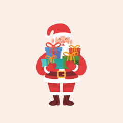 Obraz premium Santa Claus, a jolly figure, stands with a pile of colorful wrapped presents, embodies Christmas spirit, joy, and the tradition of gifting and celebrations