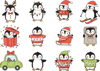 Festive penguin collection with Christmas accessories and winter activities, holiday celebration illustration set, whimsical artwork, cad drawing flat vector design