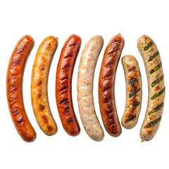 Delicious Sausages Selection: Grilled & Cooked Meats, Culinary Food Assortment on transparent background