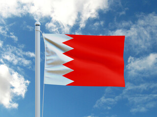 Bahrain national flag waving proudly against a bright blue sky, symbolizing unity, national pride, and cultural identity through its red field and white serrated band.