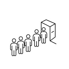 People queuing in a line to enter through an open doorway.