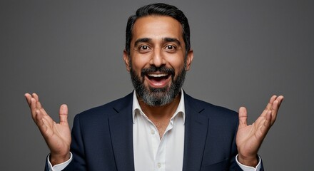 Enthusiastic man with a beard in a suit, expressing joy and excitement with open arms. Positive energy and engaging expression.