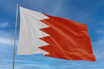 Bahrain national flag waving proudly against a bright blue sky, symbolizing unity, national pride, and cultural identity through its red field and white serrated band.