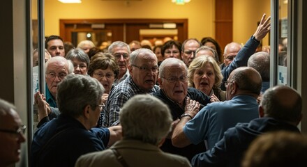 Crowd squeezing through doors in a hallway, many with expressions of stress, surprise, or concern visible on their faces.