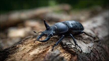ro shot of a black stag beetle with large mandibles resting on a rough wooden log showcasing intricate details