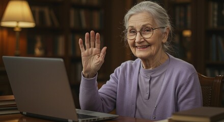 Smiling senior woman waves during video call on laptop surrounded by warm library setting, staying connected and tech-savvy