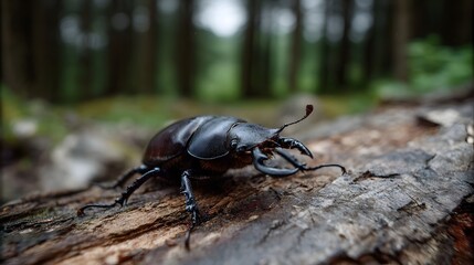 A detailed ro photograph of a stag beetle with prominent pincers resting on a textured tree log in a forest setting