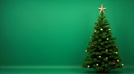 A photograph of a small, green Christmas tree with dense foliage, adorned with red, gold, and silver baubles. The tree is topped with a shiny, gold star. 