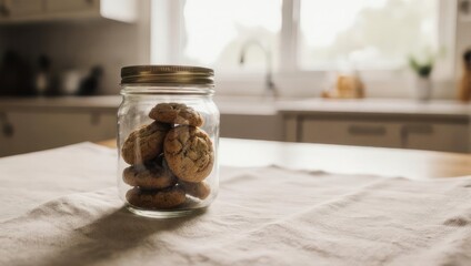 Homemade Cookies in a Jar on Kitchen Table.