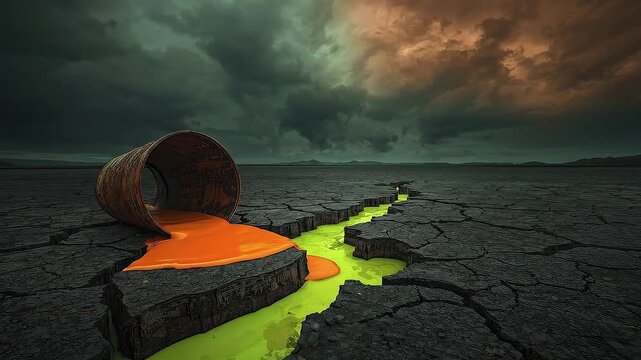 This striking and visually potent scene depicts a landscape of profound environmental devastation under a dark, ominous sky. An aged, rusted barrel lies overturned on expansive, deeply cracked and par