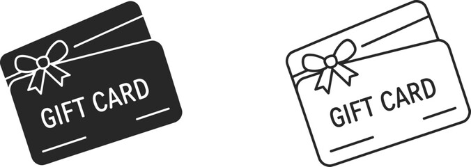 Gift card illustration set with ribbon and bow, solid and outline styles, festive retail voucher artwork, cad drawing flat vector design