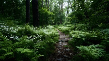 A scenic forest path winding through lush ferns and delicate wildflowers under a canopy of trees