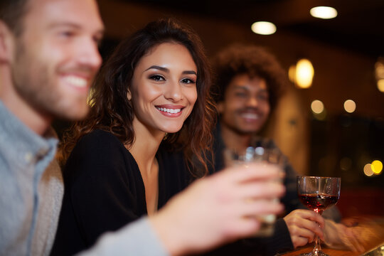 Friends enjoying drinks at a bar on a lively evening