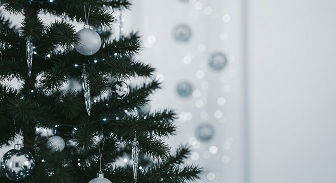 Decorated Christmas tree with silver ornaments, icicles, and sparkling lights against a bright, out-of-focus background.