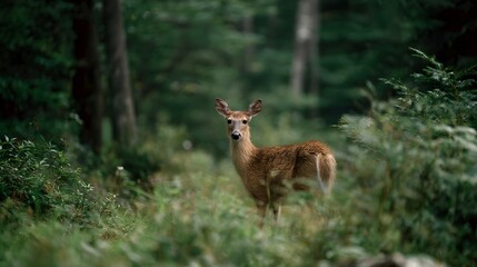 A young deer stands in a lush green forest looking towards the with curiosity