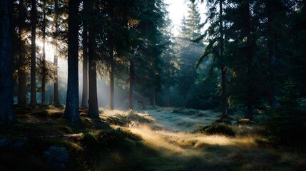 Fototapeta premium Morning sunlight streams through a misty forest illuminating the natural landscape with soft ethereal light