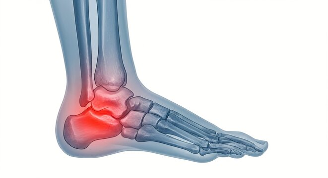 Foot bones in blue with a red highlight in the ankle, indicating injury and possible inflammation of joints.