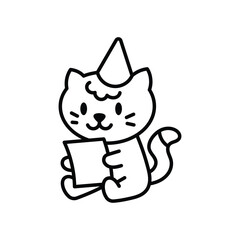 A black and white cartoon cat with a party hat holding a rectangle The cat is sitting down with a curly tail
