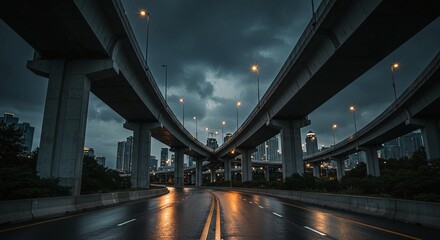 Obraz premium City highway overpass at dusk, wet roads reflecting light, dark sky and cityscape beyond. Modern transportation infrastructure.