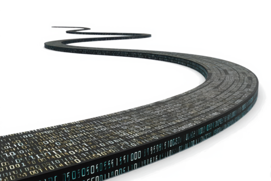 A winding path of binary code, representing the journey of data processing. background removed
