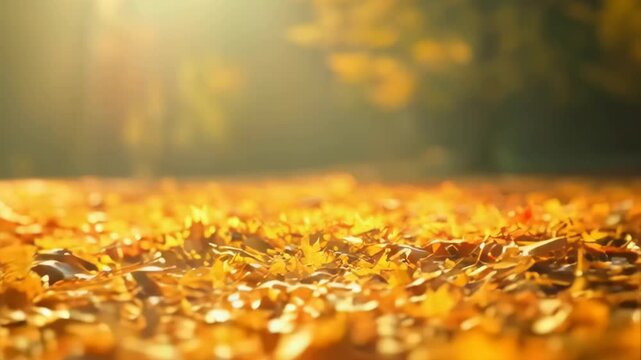 Golden Autumn Trees in Sunlit Park with Fallen Leaves on Green Grass and Blue Sky Overhead
