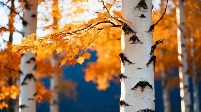 Golden Birch Trees In A Forest During Autumn Sunlight Bathed In Warm Orange And Yellow Hues With A Deep Blue Background