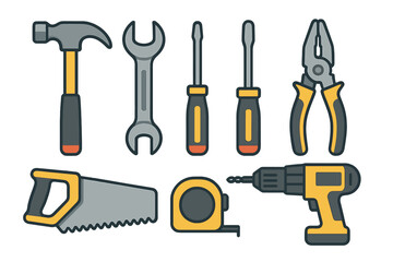 Essential collection of construction and repair tools including hammer wrench saw drill and screwdrivers