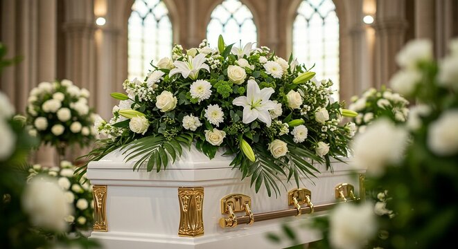 White Casket Adorned with Floral Arrangement Displayed Indoors During Funeral Ceremony with Stained Glass Windows in the Background - Powered by Adobe