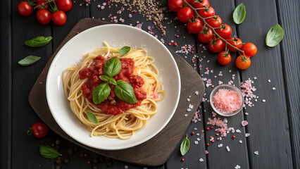Delicious spaghetti with tomato sauce and fresh basil