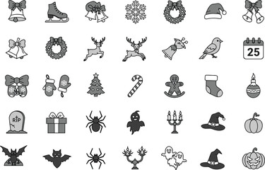 Holiday icons collection, Christmas and Halloween decorations, festive seasonal symbols, winter celebration elements, decorative design set, cad drawing flat vector illustration