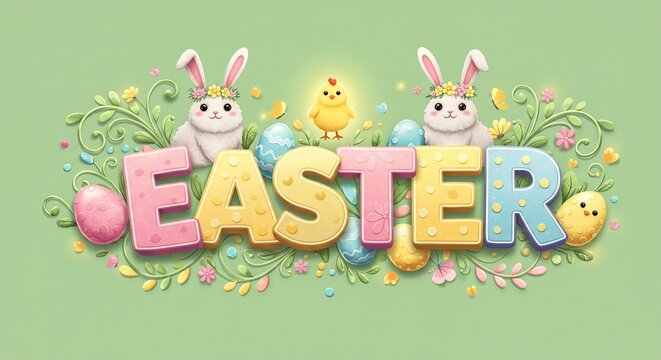 Festive Easter scene with bunnies, chicks, eggs, and colorful lettering on a soft green background. - Powered by Adobe